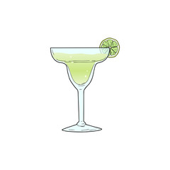 Margarita alcoholic cocktail in glass with lime slice. Vector illustration isolated on white background. Hand sketched composition made for menu design, bar, restaurant, print.