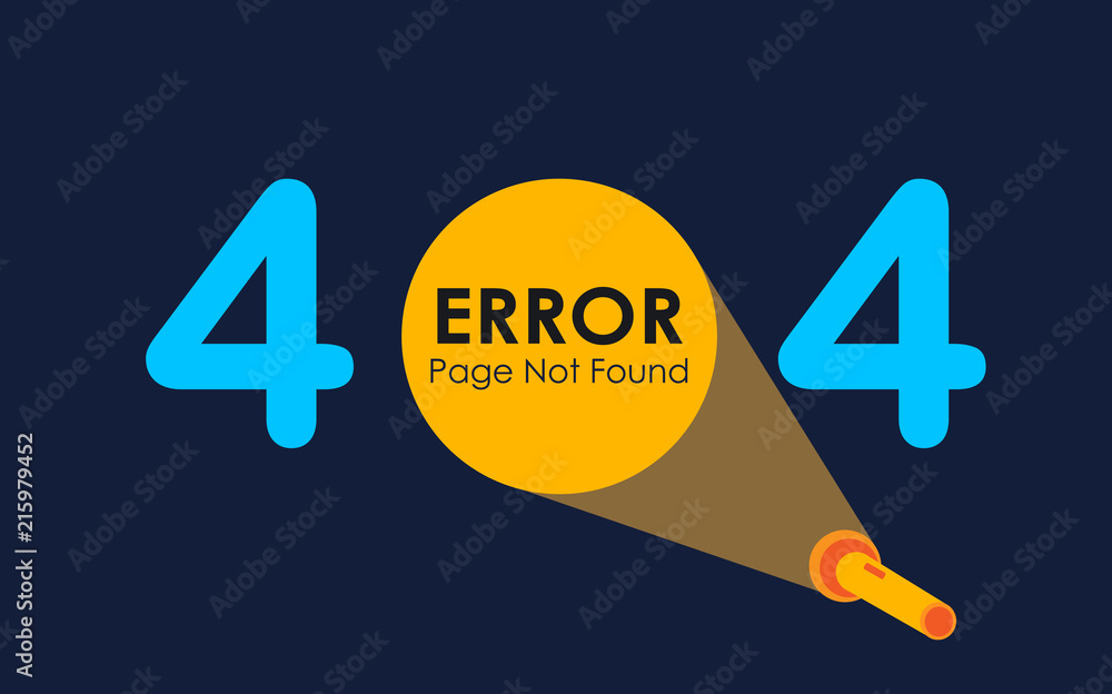 Poster 404 error with light of flashlight graphic on dark background