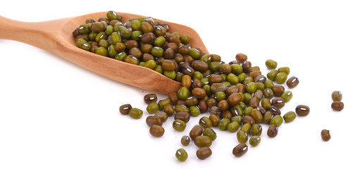 mung beans in wood spoon isolated on white background
