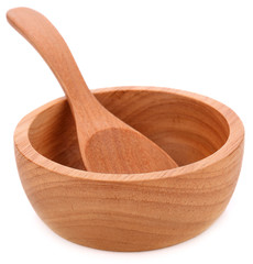 wood bowl and wood spoon on white background