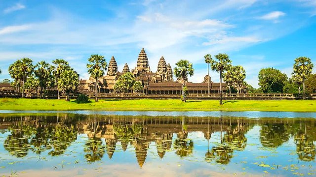 Time lapse of Angkor Wat reflected in water, in Siem reap of Cambodia