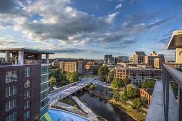 Aerial of the Downtown Greenville South Carolina SC Skyline