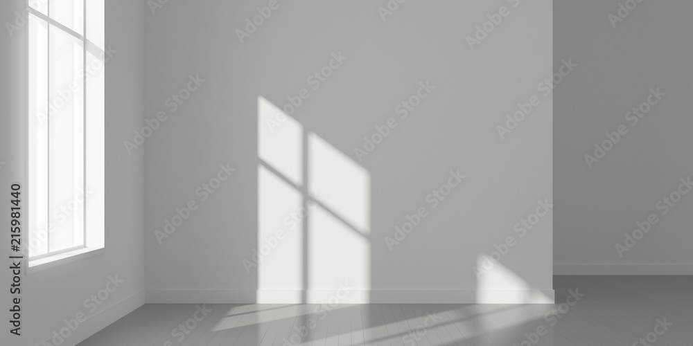 Poster stimulate image of empty white room and wood plank floor with sun light cast window shadow on the wa