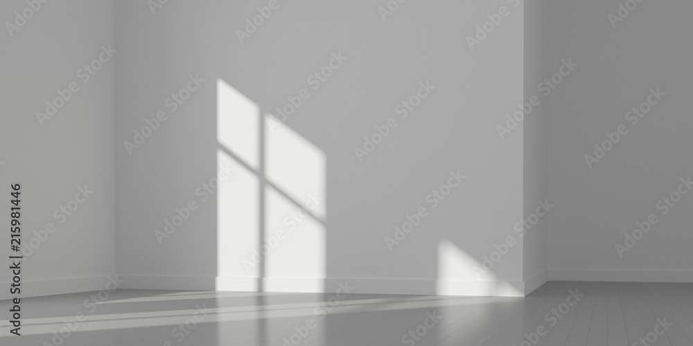 Poster Stimulate image of empty white room and wood plank floor with sun light cast window shadow on the wall,Perspective of minimal design architecture.3d render.