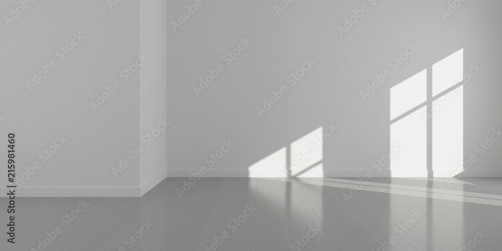 Poster Stimulate image of empty white room and wood plank floor with sun light cast window shadow on the wall,Perspective of minimal design architecture.3d render.