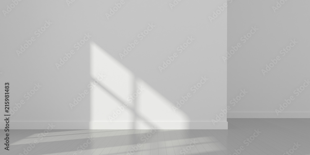 Aufkleber Stimulate image of empty white room and wood plank floor with sun light cast window shadow on the wall,Perspective of minimal design architecture.3d render.