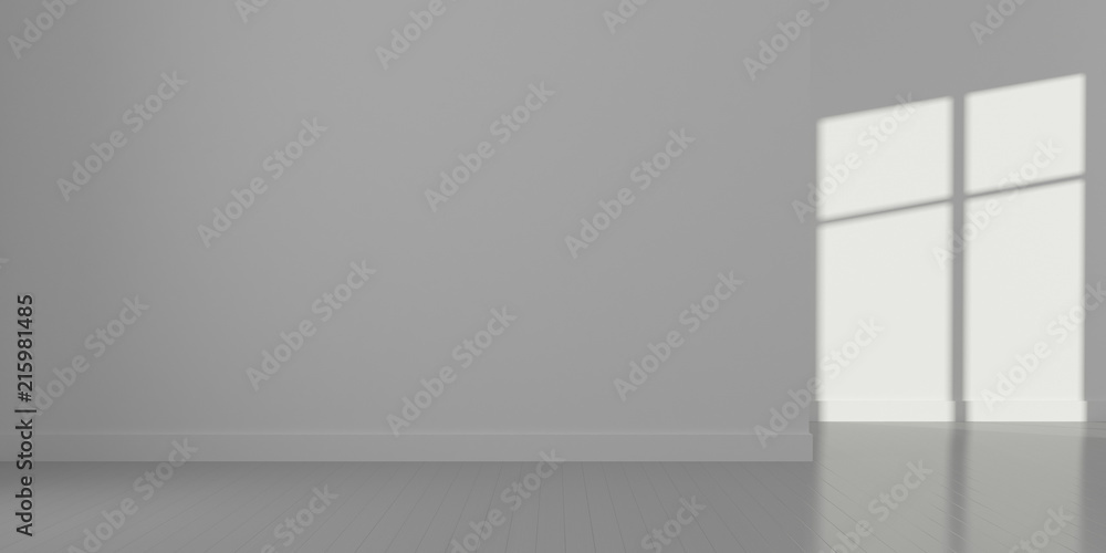 Poster Stimulate image of empty white room and wood plank floor with sun light cast window shadow on the wall,Perspective of minimal design architecture.3d render.