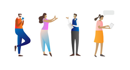 People characters using mobile devices, working online, communicating and presenting visionary business ideas.