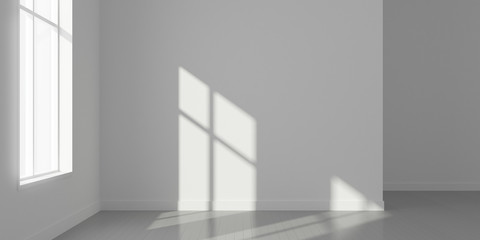 Stimulate image of empty white room and wood plank floor with sun light cast window shadow on the wall,Perspective of minimal design architecture.3d render.