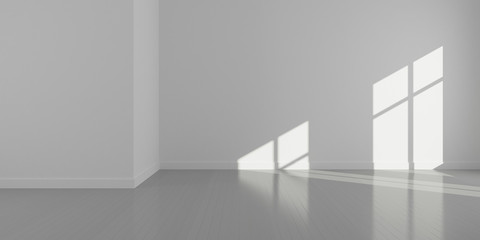 Stimulate image of empty white room and wood plank floor with sun light cast window shadow on the wall,Perspective of minimal design architecture.3d render.