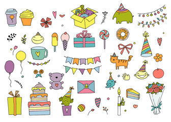 Set of doodles birthday design elements. Hand-drawn garlands and balloons, music notes, gift boxes, party blowouts, cakes and candies, birthday pie, party hats and other objects.
