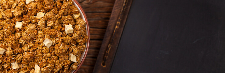 Apple Cinnamon Granola Back to school. Education background concept with copyspace. Selective focus.