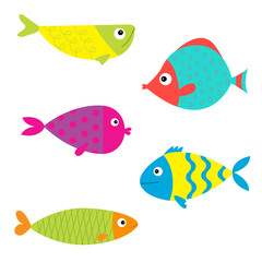 Fototapeta premium Fish icon set. Isolated. Baby kids collection. Cute cartoon colorful aquarium animals. White background. Flat design