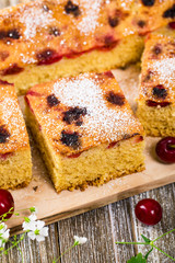 Tart Cherry Cake with Powdered Sugar. Selective focus.