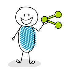 Happy stickman with share (social media) icon. Vector.