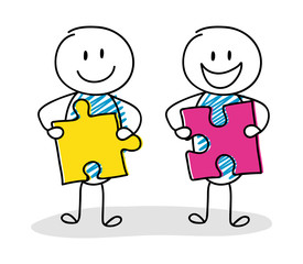 Happy stickmen holding puzzle icons. Vector.