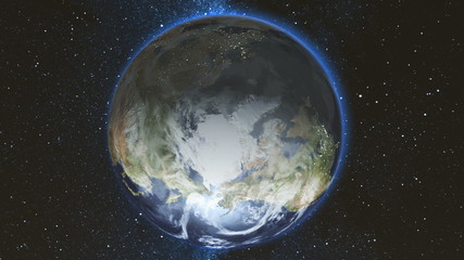 Realistic Earth Planet, rotating on its axis in space against the background of the star sky. Seamless loop. Astronomy and science concept. Night city lights. Elements of image furnished by NASA