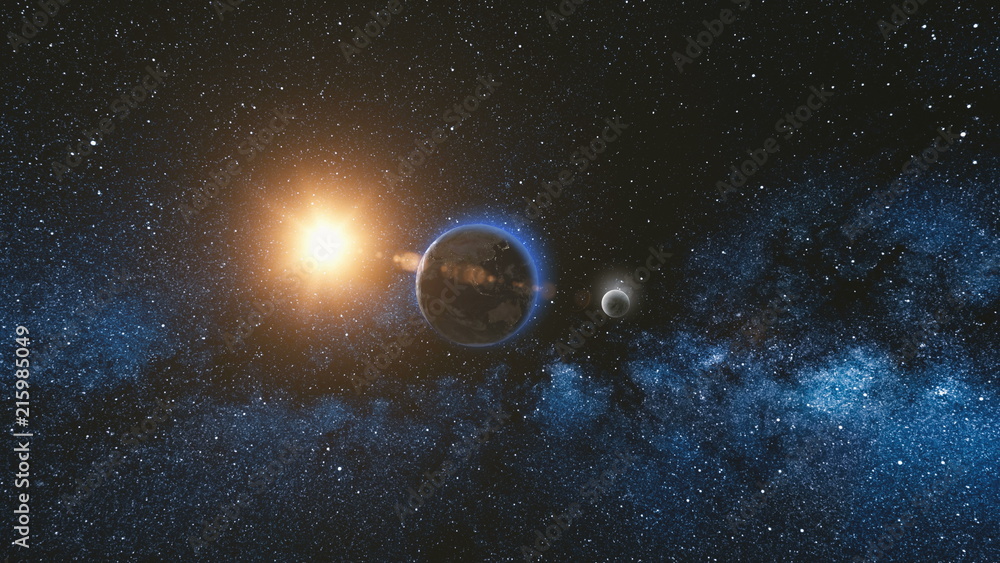 Canvas Prints sunrise view from space on planet earth and moon rotating in space. blue sky milky way with thousand