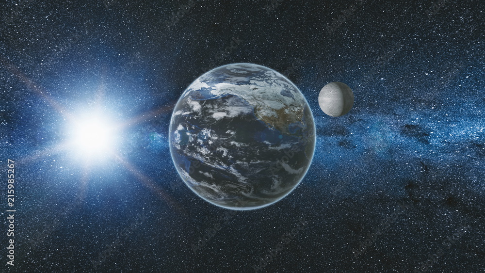 Canvas Prints sunrise view from space on planet earth and moon rotating in space. blue sky milky way with thousand