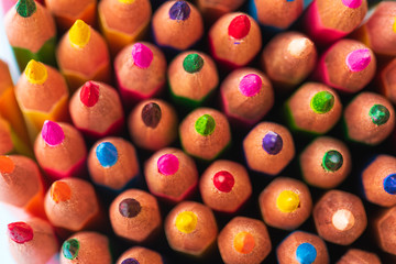 Education or back to school Concept. Close up macro shot of color pencil pile pencil nibs on white background.