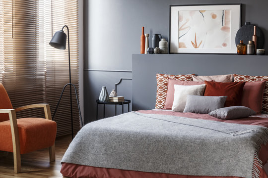 Grey cosy bedroom interior