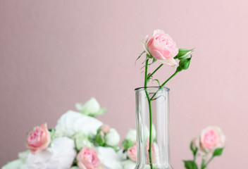 Flower arrangement with summer roses on a pink background