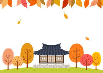 Autumn forest with Traditional Korean house.Mid Autumn Festival(Chuseok) Background