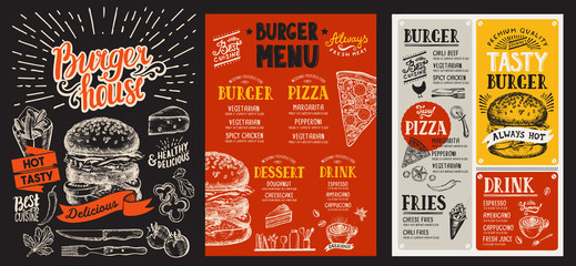 Set of burger menus for restaurant. Vector food flyer for bar and cafe. Design template with vintage hand-drawn illustrations. - obrazy, fototapety, plakaty