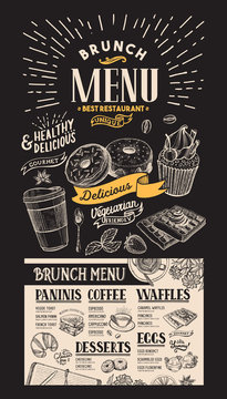 Brunch restaurant menu. Dessert food flyer for cafe. Design template with vintage hand-drawn illustrations.