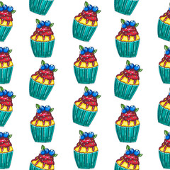 Hand drawn cupcakes pattern on white background. Bright cakes with icing and blueberry. Yummy background.