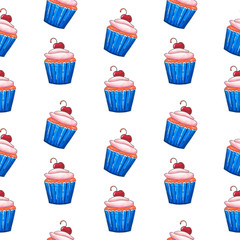 Hand drawn cupcakes pattern on white background. Bright cakes with icing and cherry on the top. Yummy background.