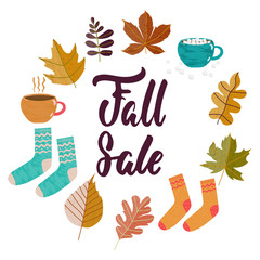Fall Sale - hand drawn Autumn seasons lettering phrase with leaves, socks, mugs of tea, cocoa, coffee. Fun brush ink vector quote for banners, greeting card, poster design.
