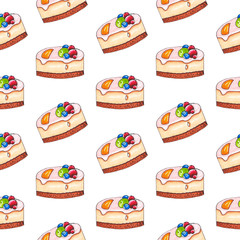 Hand drawn cake with grapes and currants pattern. Pink icing. Yummy background.