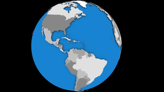 Zooming on Caribbean on slowly rotating political globe. 3D animation.