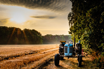 Old tractor in a field on a summer morning with the sun coming up