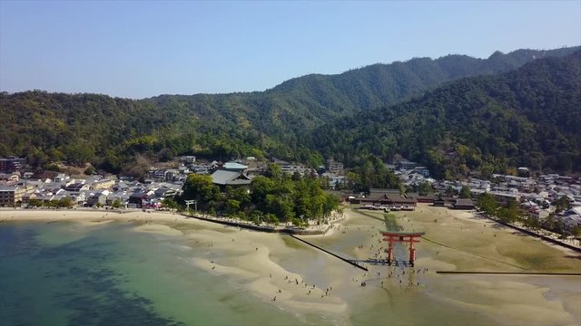Drone Pan Right - Japanese Island Shrine. Myajima, Japan