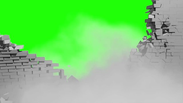 Destruction Exploding Gray Wall 3D Rendering Green Screen