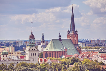 Szczecin cityscape on a sunny day, color toning applied, Poland.