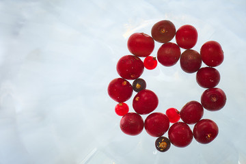 Ripe blackberries, blackcurrants, cherries, red currants, raspberries and gooseberries. Mix berries and fruits. Top view. Background berries and fruits. Various fresh summer fruits.