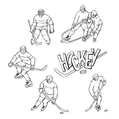 Vector set hockey player and goalkeeper in sports uniform. Black white outline illustration and inscription letters. Vintage sportsmans motion with hockey stick and puck in different race.