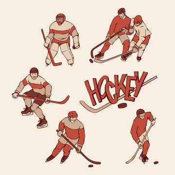 Retro set hockey player and goalkeeper in sports uniform. Vintage sportsmans motion with hockey stick and puck in different race. Vector outline illustration imitation print and inscription letters
