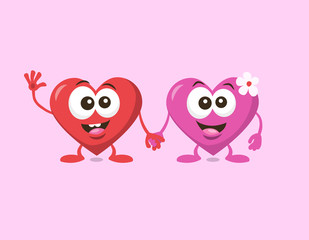 Illustration of cute loving couple of hearts holding on the hands, isolated on light background. Flat design style for your mascot branding.