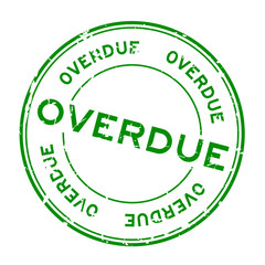 Grunge green overdue round rubber seal stamp on white background