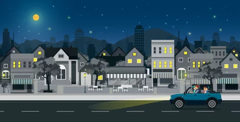 Store enrouleur occultant sans perçage Voitures de dessin animé Families drive on city streets at night.