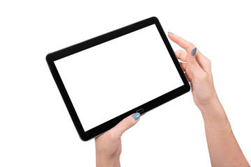 Hand using tablet isolated white clipping path inside