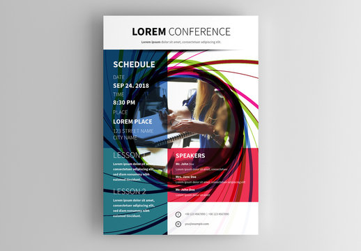 Conference Flyer Layout with Colorful Spiral Photo Placeholder