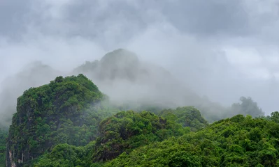 Rolgordijnen groene heuvelberg en mist met wolk © bank215