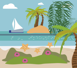 Tropical beach with palm. flower, boat, island, exotic