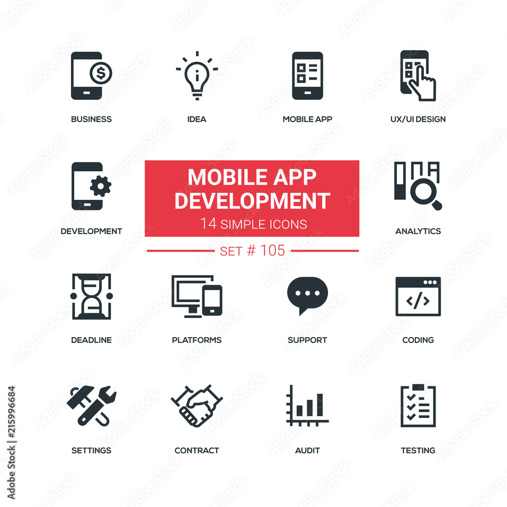 Poster mobile app development - flat design style icons set
