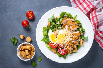 Caesar salad with chicken breast and tomatoes.